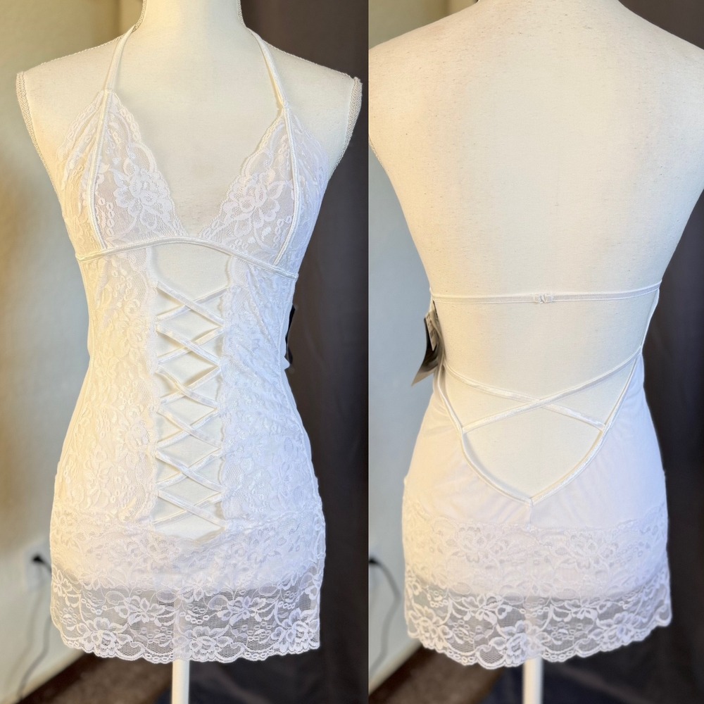Frederick's of Hollywood Seduction Lace Halter Chemise Women Medium White NWT